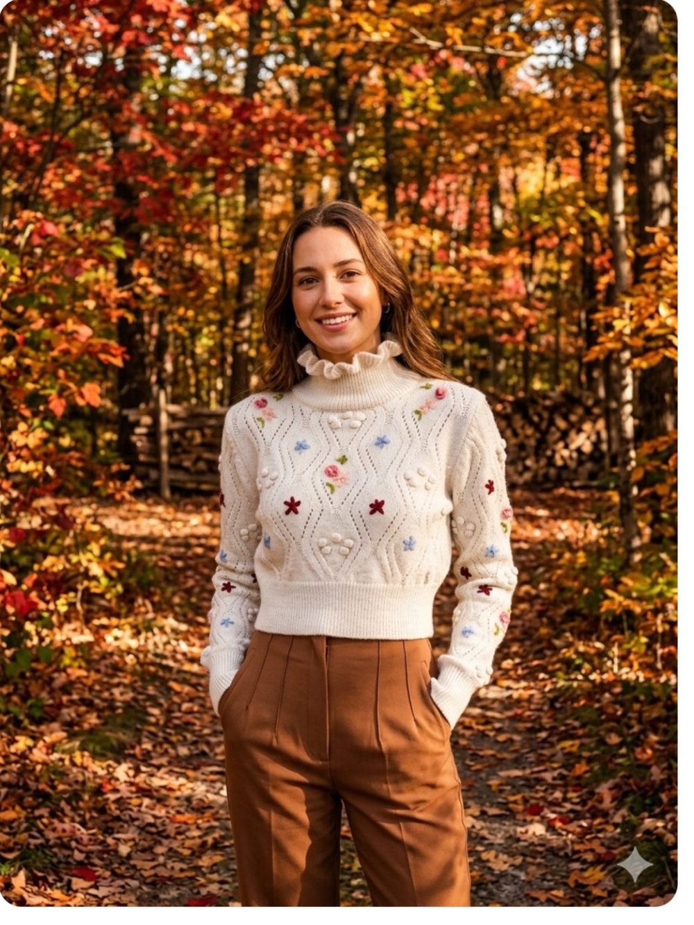 The Ecru Embroidered Ruffle Neck Crop Sweater-Robin -Made in Turkey -Cream Multi